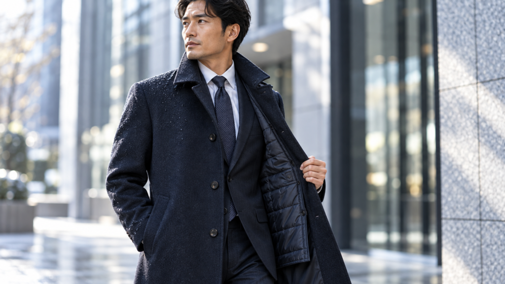 撥水素材と着脱ライナーを備えた30代向け冬用ビジネスコート