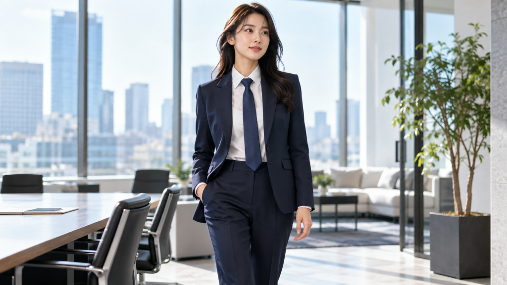 ネイビーのパンツスーツに白シャツと紺のネクタイを合わせた女性のビジネススタイル