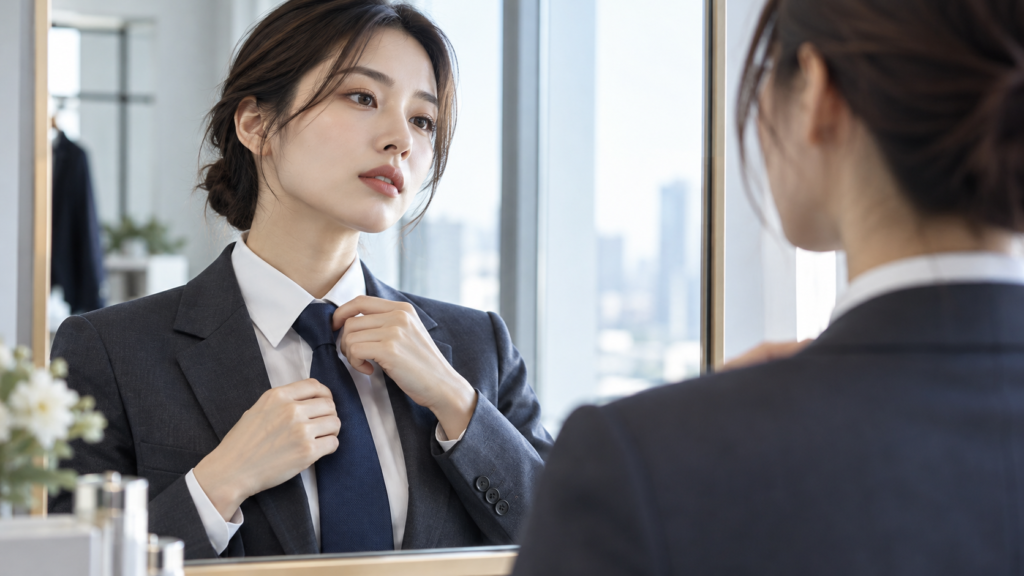 グレーのビジネススーツを着た女性が鏡を見ながら紺色のネクタイの結び目を調整する様子