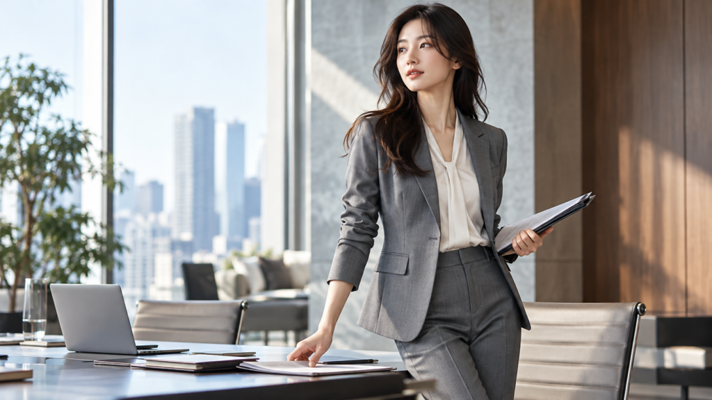 グレーのレディースビジネススーツを着用し、会議室で商談資料を準備する営業女性