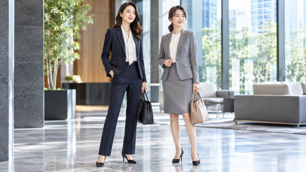 営業女性向けレディースビジネススーツの比較|ネイビーのパンツスーツとグレーのスカートスーツ
