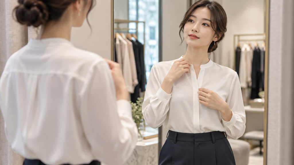 鏡の前で白いバンドカラー風ブラウスの首元とフィット感を確認する女性