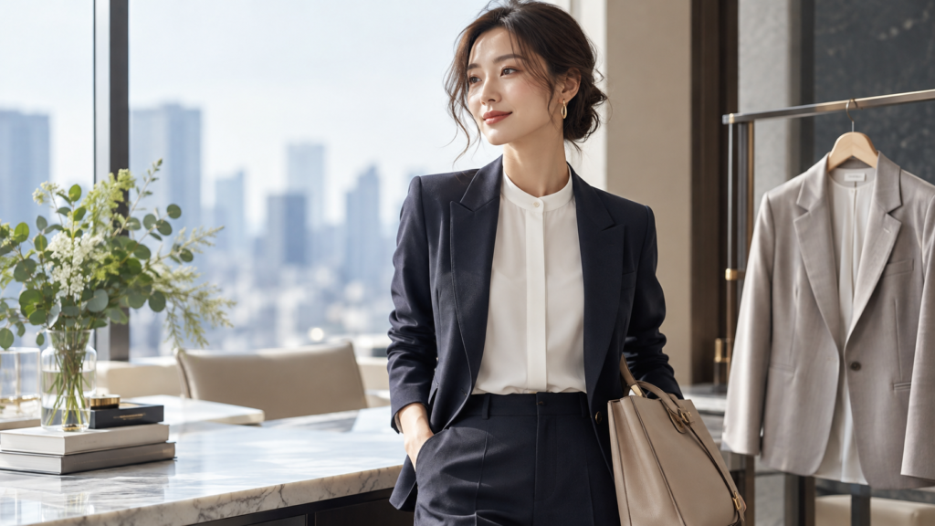 白いバンドカラーシャツにネイビーのテーラードジャケットを合わせた女性のビジネススーツスタイル