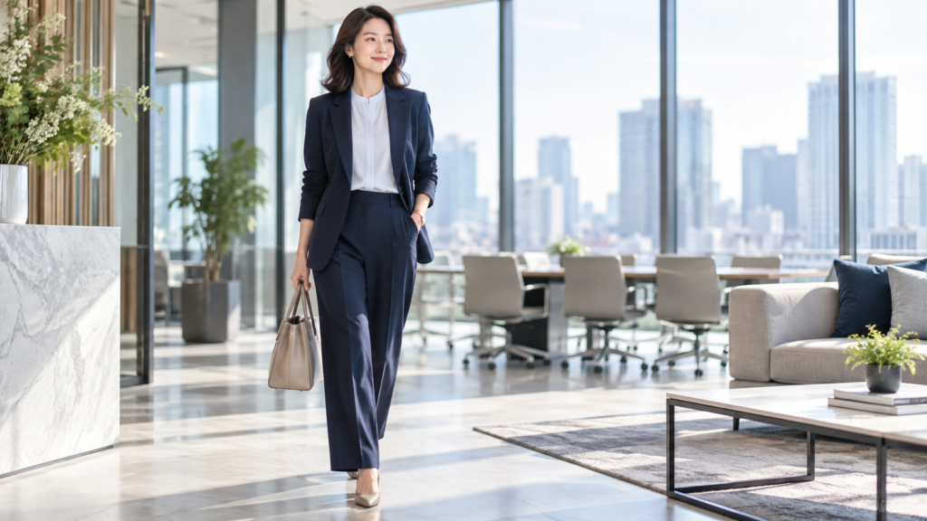 淡いブルーのバンドカラーシャツとネイビーのパンツスーツを着用した女性のビジネスコーディネート