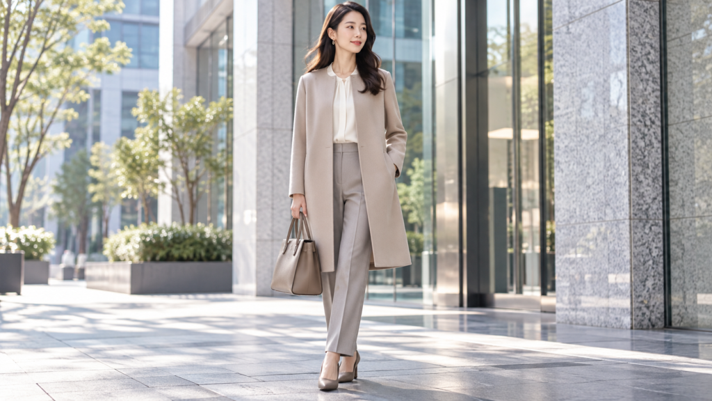 ベージュのノーカラービジネスカジュアルコートで通勤する女性