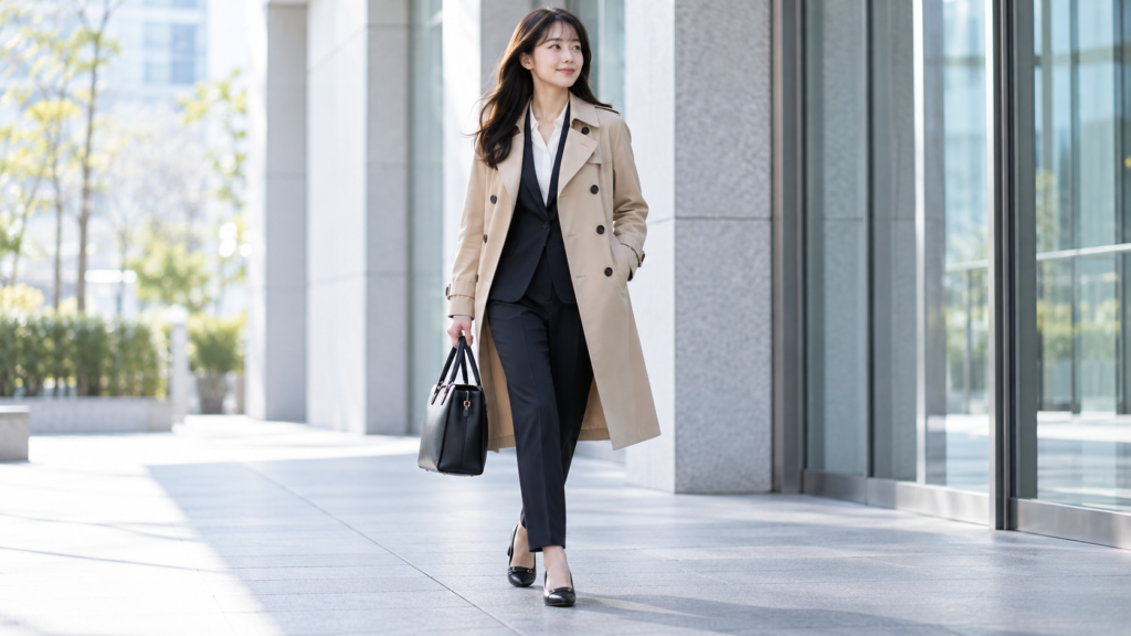 20代女性のスーツに合わせたベージュのビジネストレンチコート
