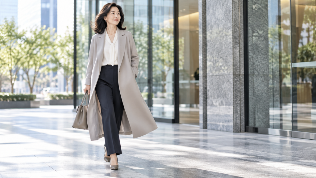 50代女性の軽く上品なレディースビジネスロングコート