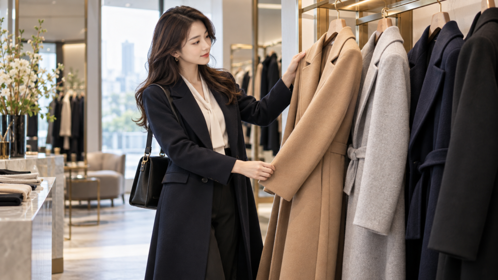 キャメルやグレーのレディースビジネスコートを比較する女性