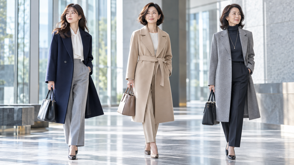 20代・40代・50代の女性が着こなすレディースビジネスコート