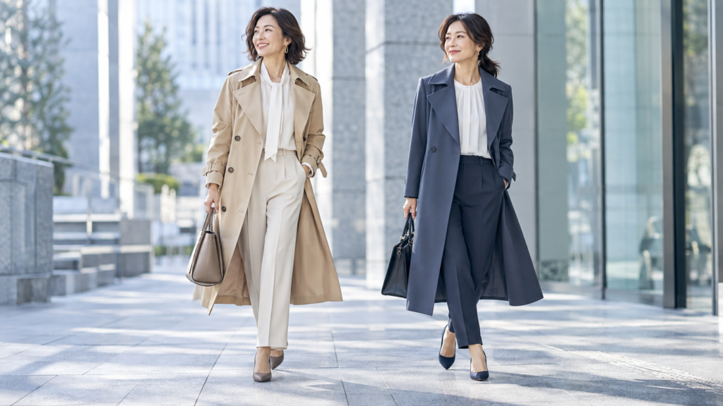 ベージュとネイビーの春用レディースビジネスコートを着た通勤スタイル比較