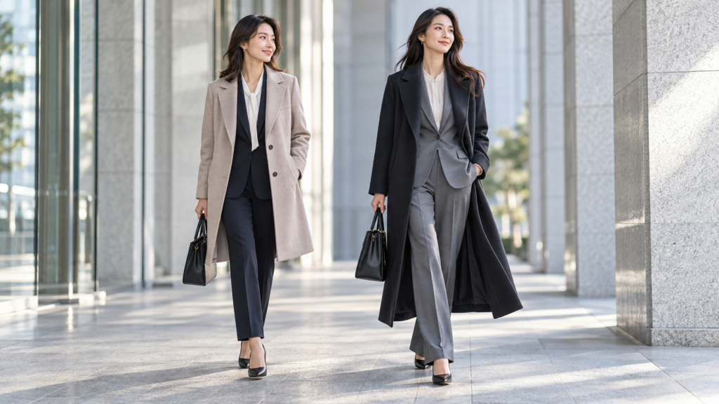 ミドル丈とロング丈のレディースビジネスコートをスーツに合わせた女性