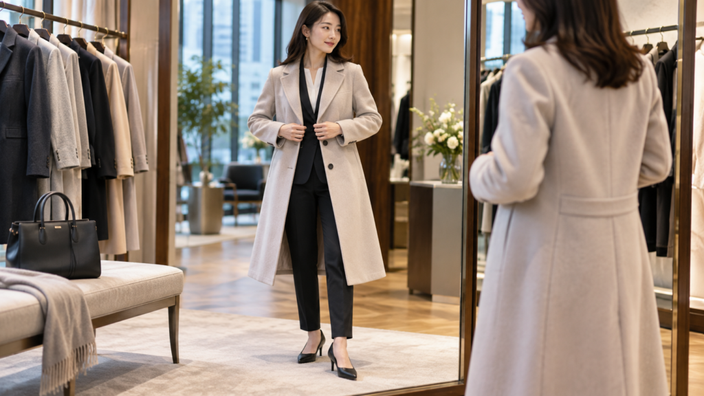 スーツの上からレディースビジネスコートを試着する女性