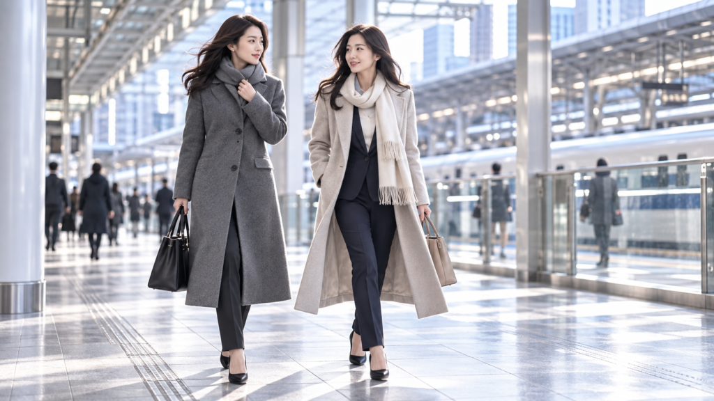 冬の駅をレディースビジネスコートで通勤する女性