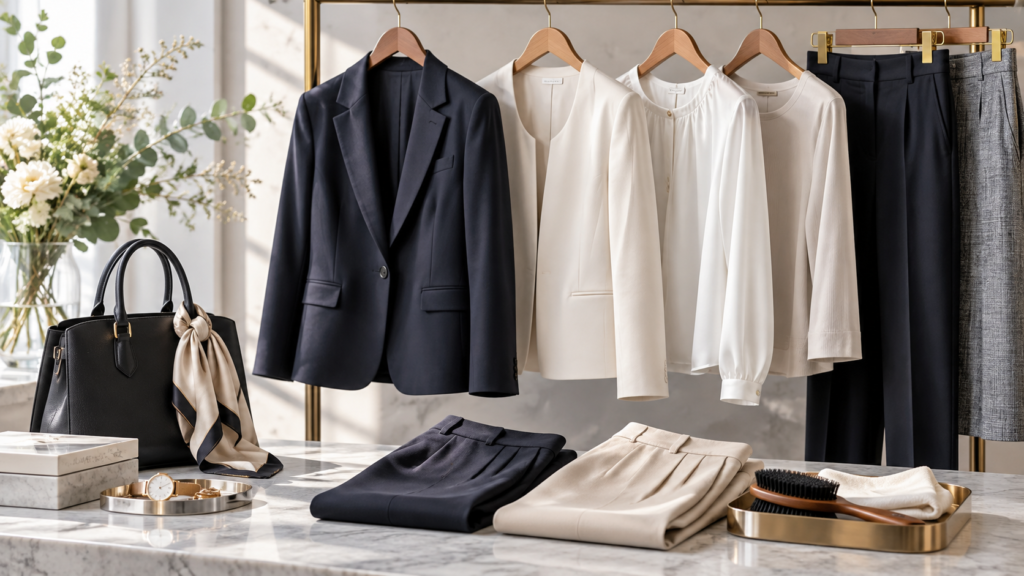 レディースビジネスジャケットとブラウス・パンツ・洋服ブラシを並べた手入れとコーディネート例