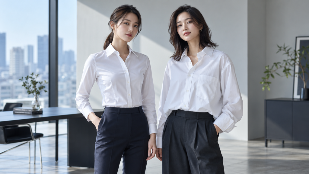 細身とゆったりした白いビジネスシャツを着用し、シルエットの違いを示す2人の女性