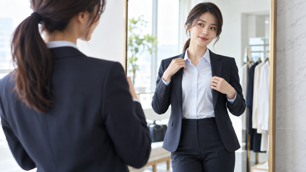 鏡の前でネイビースーツと淡いブルーのビジネスシャツの襟元を整える女性