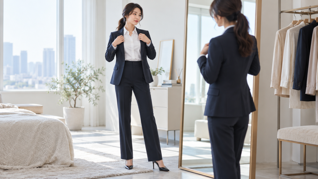 白いビジネスシャツとネイビースーツを着用し、鏡でジャケットのサイズ感を確認する女性