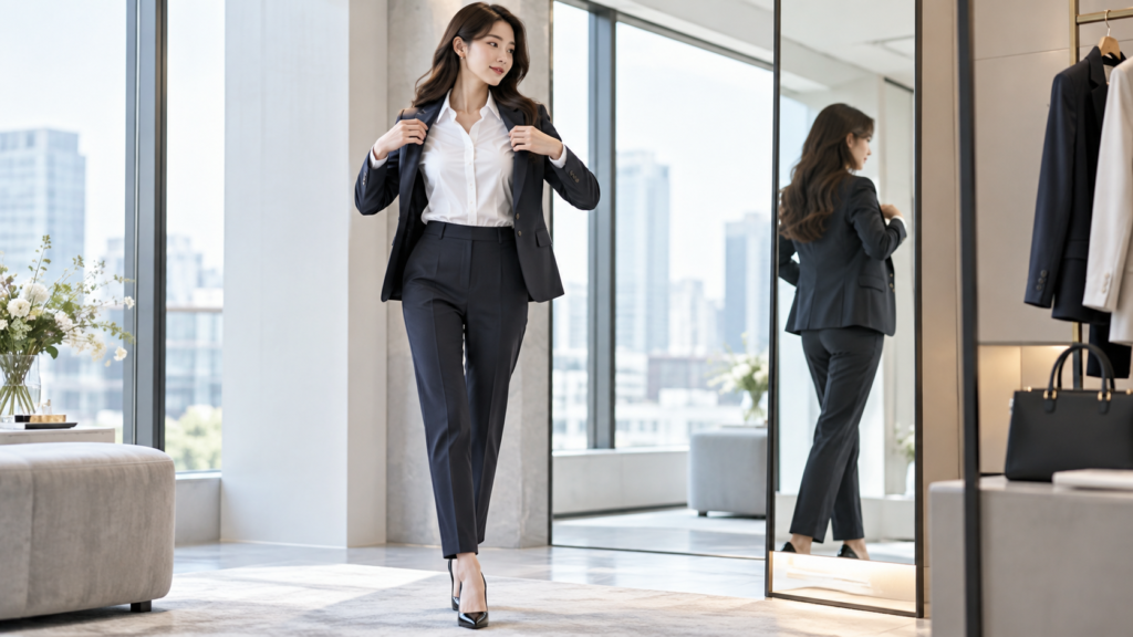 白のレディースビジネスシャツとネイビースーツを着用し鏡の前でジャケットの着こなしを確認する女性