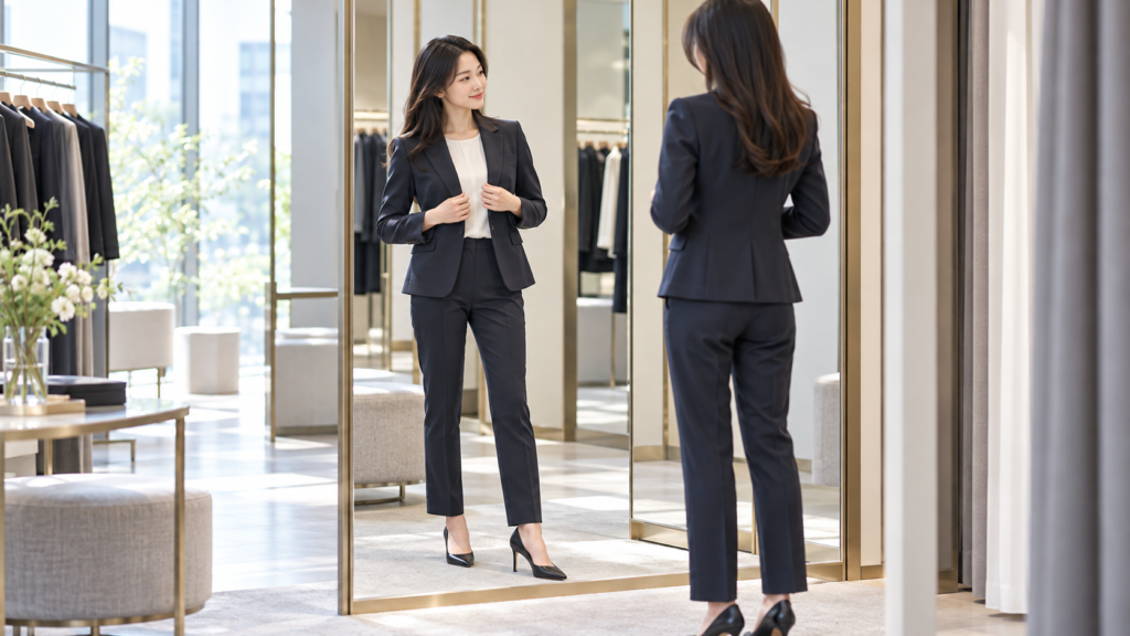 レディースビジネススーツを試着し鏡でジャケットのサイズとシルエットを確認する女性