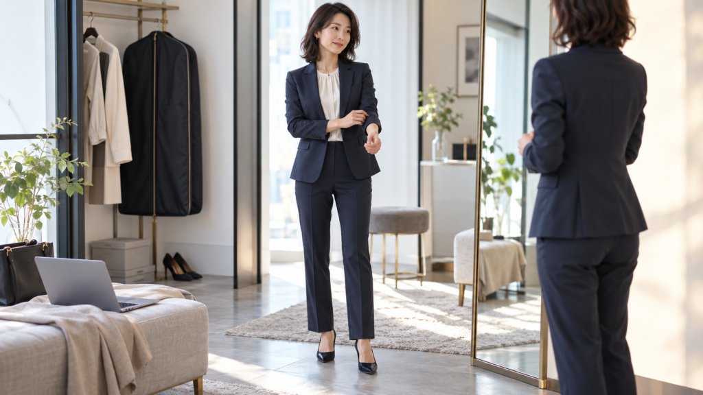 ネイビーのレディースビジネススーツを着用し、鏡の前でジャケットの袖丈とサイズ感を確認する女性