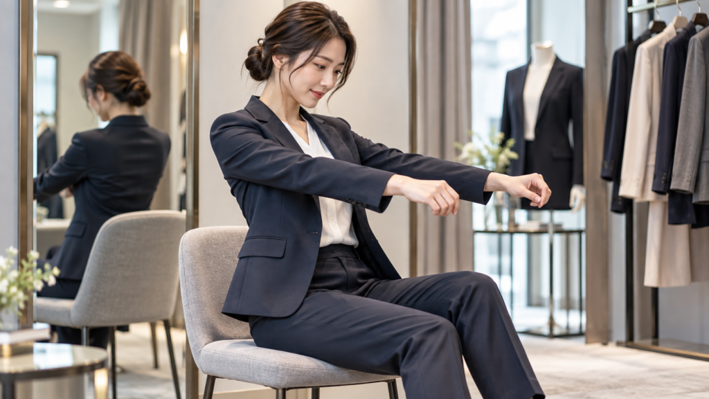レディースビジネススーツを試着して座った状態のサイズと動きやすさを確認する女性