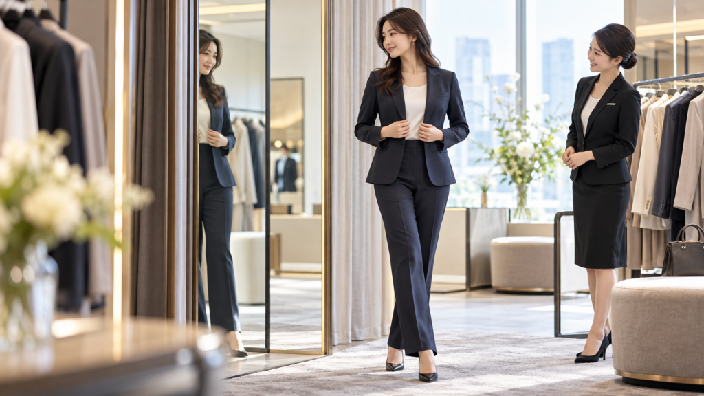ネイビーのレディースビジネススーツを試着し鏡でジャケットのサイズを確認する女性