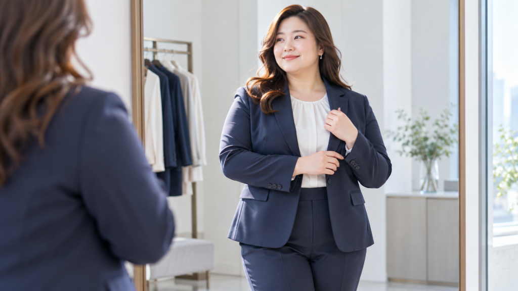 大きいサイズのレディーススーツを鏡で試着確認する女性
