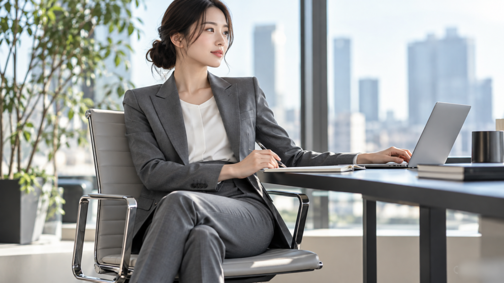 グレーのレディースビジネススーツを着用し、オフィスの椅子に座ってパソコンを操作する女性