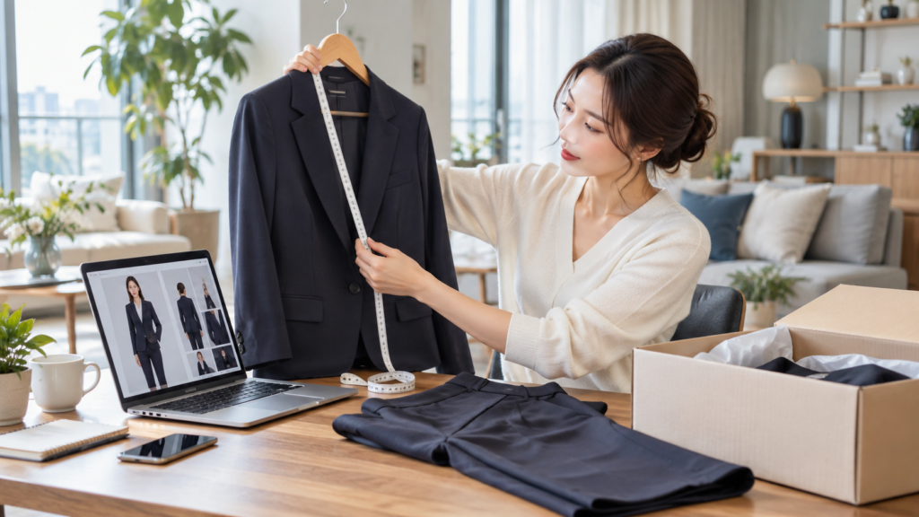 通販で購入したレディースビジネススーツの寸法を自宅で確認する女性