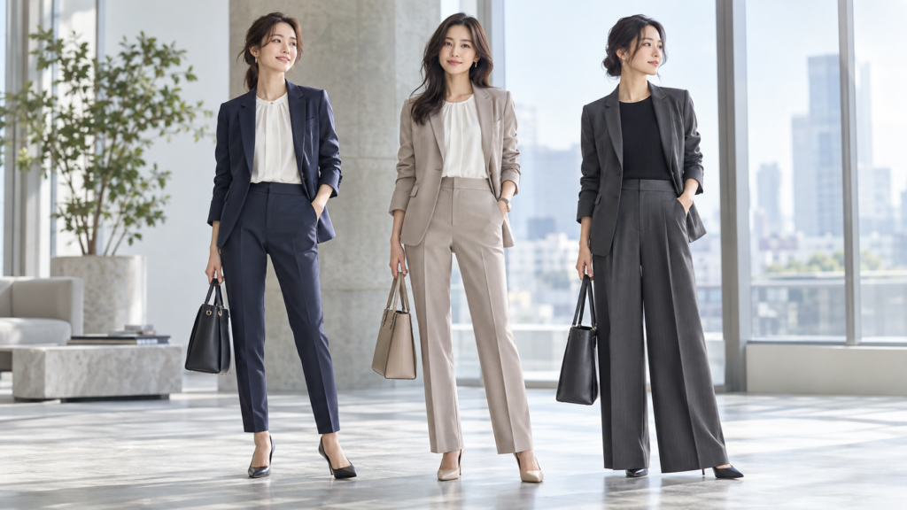 テーパード・ストレート・ワイドのレディースビジネススーツパンツを比較する女性3人
