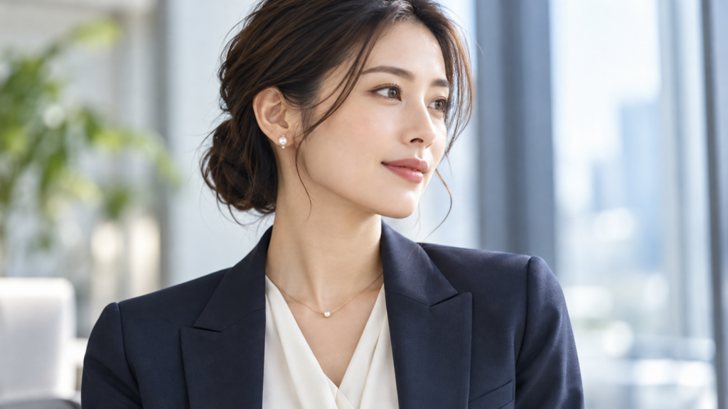 ネイビーのレディースビジネススーツに小粒のパールピアスと華奢なネックレスを合わせた上品なオフィスアクセサリー