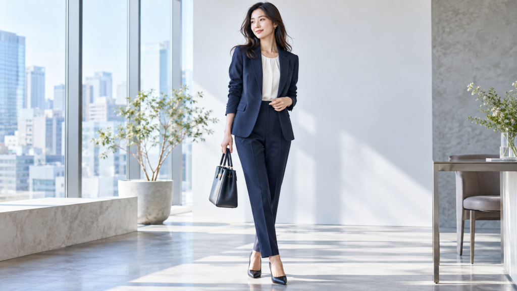 ネイビーのレディースビジネススーツを着た女性のきちんと感のある仕事スタイル
