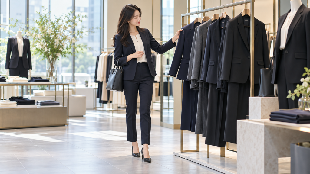 ネイビーのレディースビジネススーツを着て店舗でジャケットを選ぶ女性