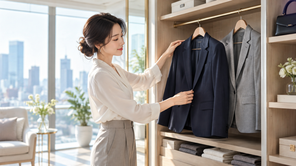 レディースビジネススーツをハンガーに掛けてクローゼットで保管する女性