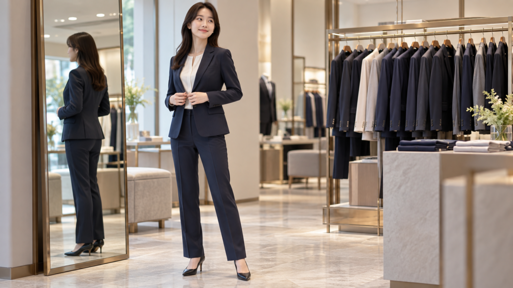 店舗でネイビーのレディースビジネススーツを試着しサイズ感を確認する女性