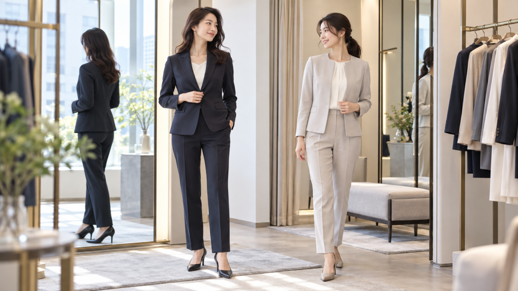 ネイビーのテーラードジャケットとベージュのノーカラージャケットを着用した女性のビジネススーツ比較