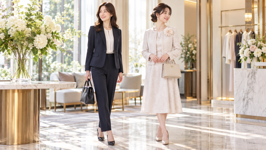 ネイビーのレディースビジネススーツとコサージュ付きの白いセレモニースーツを着た女性