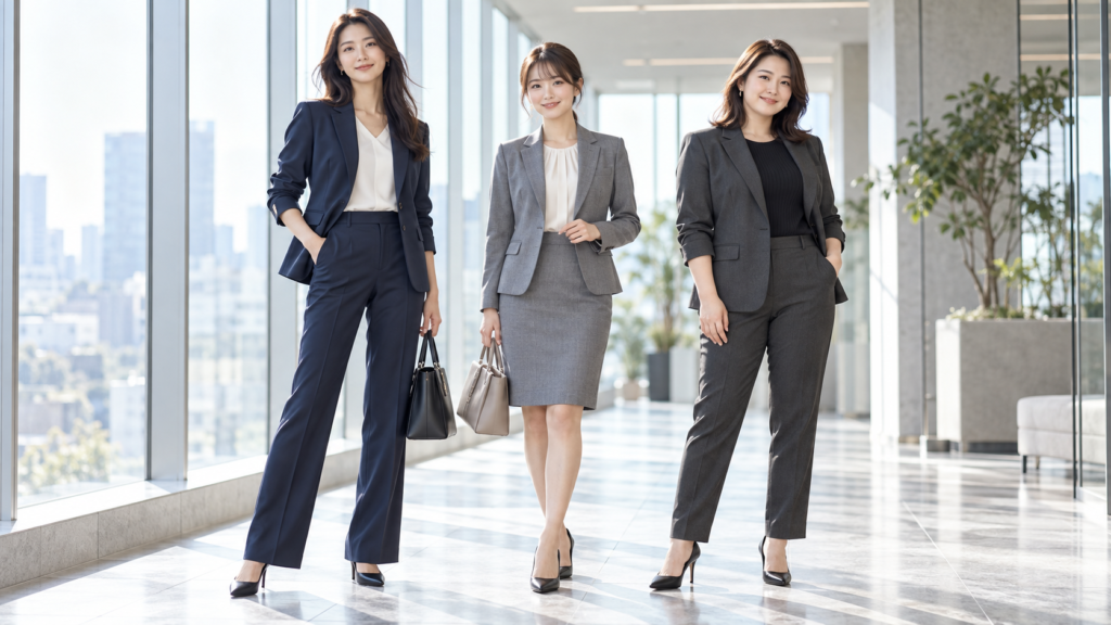 体型や身長の異なる3人の女性がネイビーとグレーのレディースビジネススーツを着用し、サイズとシルエットの違いを示す画像