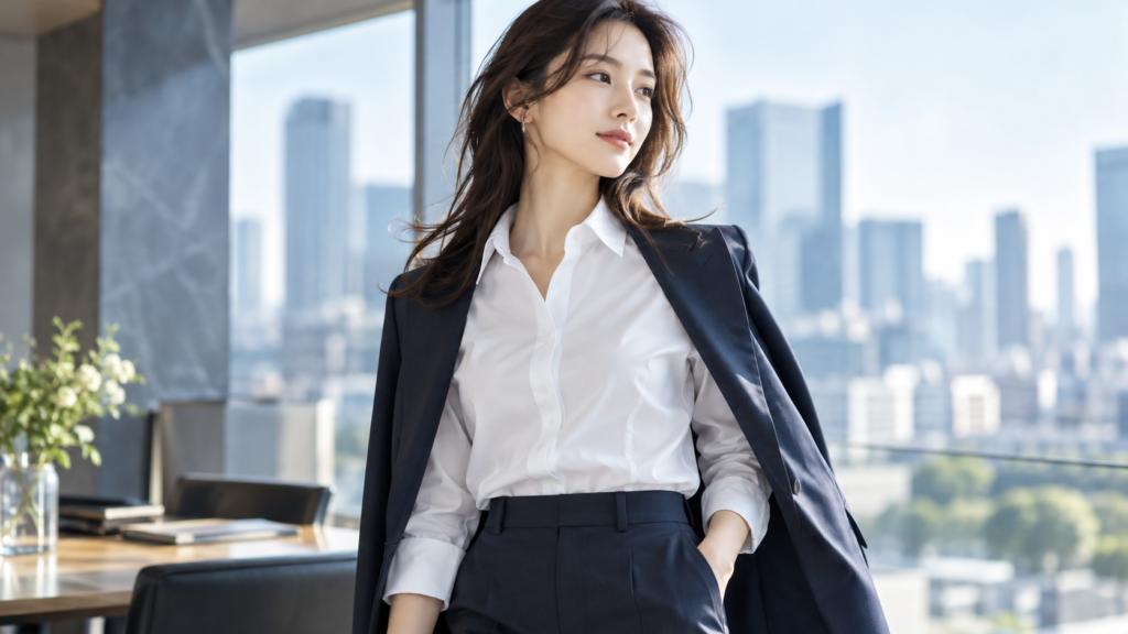 白のレディースビジネスシャツにネイビースーツを合わせた女性のオフィスコーディネート