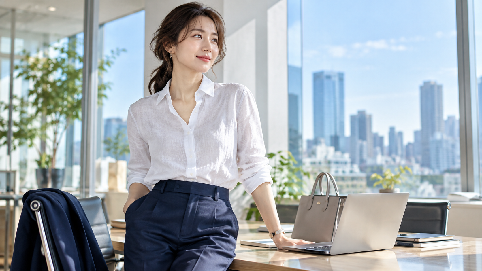 白いリネンシャツとネイビーのパンツを着用した女性の夏のビジネススタイルとオフィスカジュアル