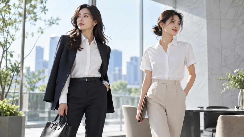 白い長袖シャツとジャケットを合わせた女性と半袖ビジネスシャツを着た女性のオフィスコーディネート