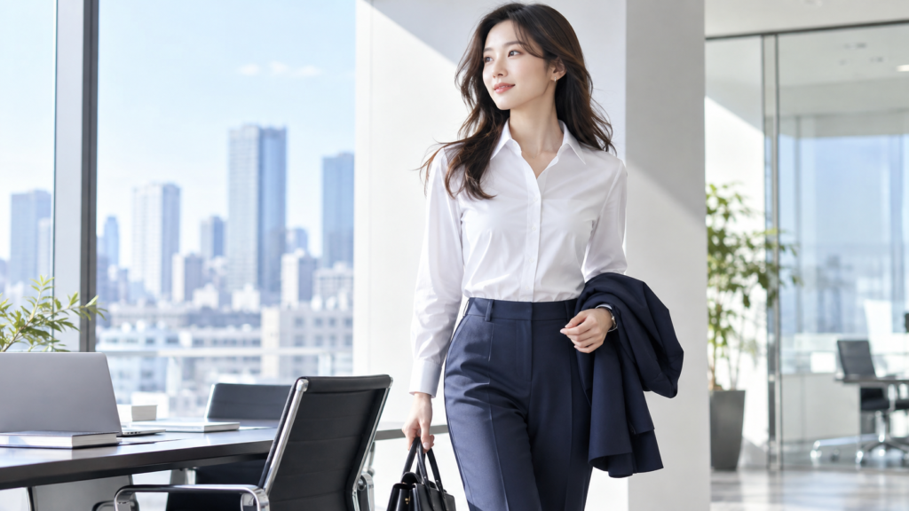 白のレディースビジネスシャツとネイビーパンツを着用した女性のオフィススタイル