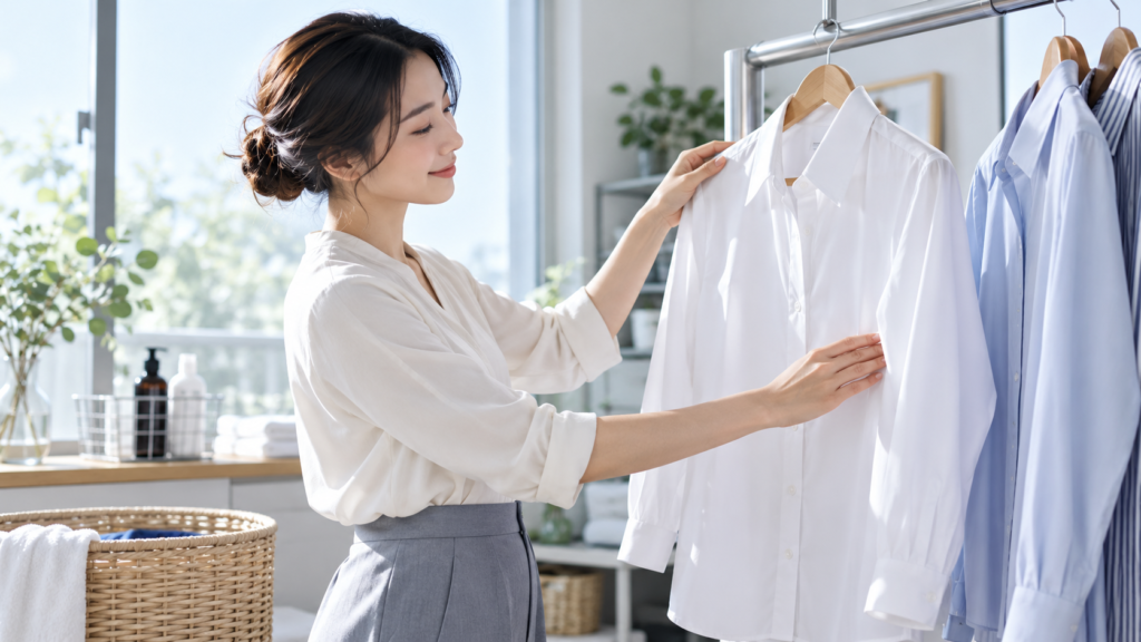洗濯後の白いレディースビジネスシャツをハンガーに掛けてシワや襟元を整える女性